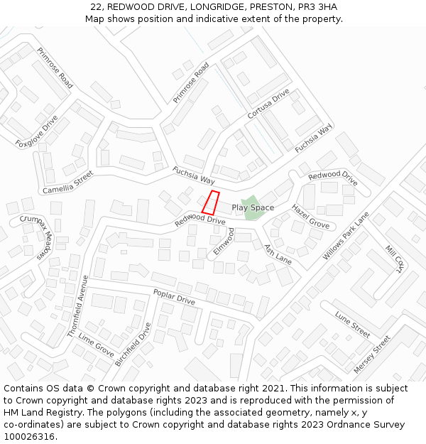 22, REDWOOD DRIVE, LONGRIDGE, PRESTON, PR3 3HA: Location map and indicative extent of plot