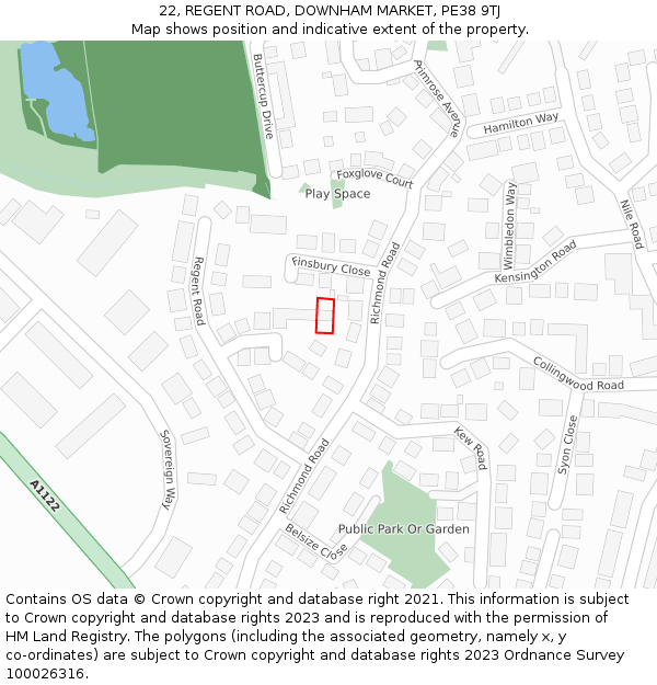 22, REGENT ROAD, DOWNHAM MARKET, PE38 9TJ: Location map and indicative extent of plot