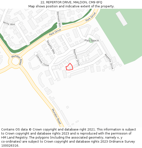 22, REPERTOR DRIVE, MALDON, CM9 6FQ: Location map and indicative extent of plot