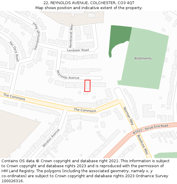 22, REYNOLDS AVENUE, COLCHESTER, CO3 4QT: Location map and indicative extent of plot