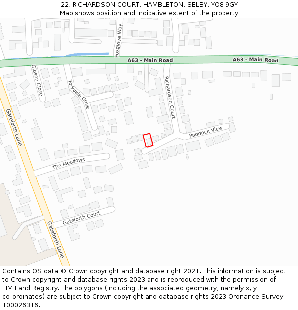 22, RICHARDSON COURT, HAMBLETON, SELBY, YO8 9GY: Location map and indicative extent of plot