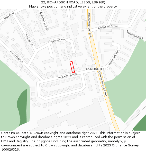 22, RICHARDSON ROAD, LEEDS, LS9 9BQ: Location map and indicative extent of plot