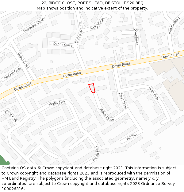 22, RIDGE CLOSE, PORTISHEAD, BRISTOL, BS20 8RQ: Location map and indicative extent of plot