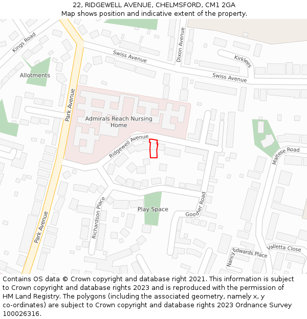 22, RIDGEWELL AVENUE, CHELMSFORD, CM1 2GA: Location map and indicative extent of plot