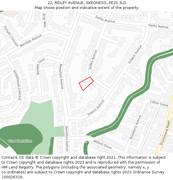 22, RIDLEY AVENUE, SKEGNESS, PE25 3LD: Location map and indicative extent of plot