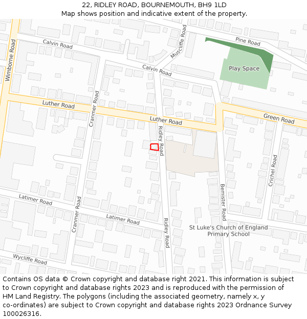 22, RIDLEY ROAD, BOURNEMOUTH, BH9 1LD: Location map and indicative extent of plot