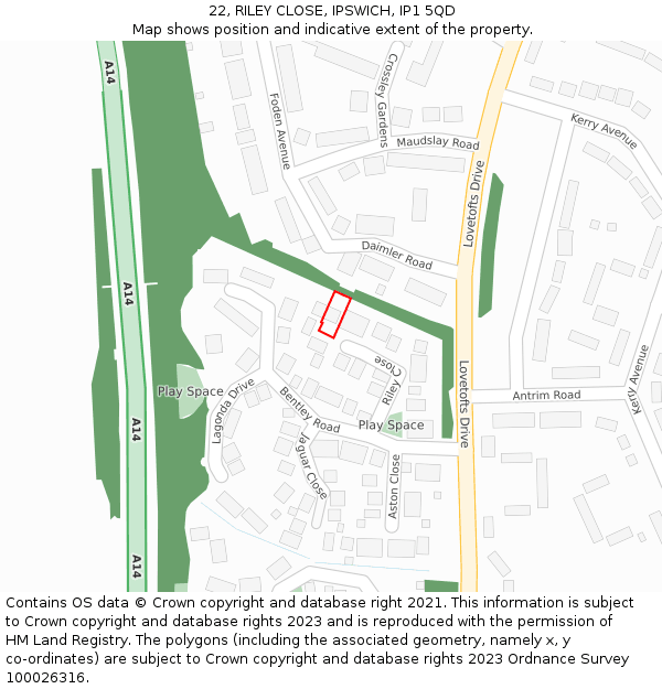 22, RILEY CLOSE, IPSWICH, IP1 5QD: Location map and indicative extent of plot