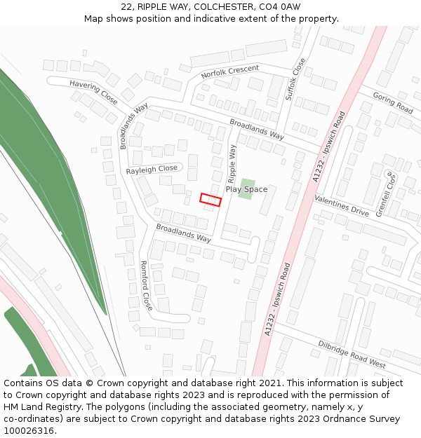 22, RIPPLE WAY, COLCHESTER, CO4 0AW: Location map and indicative extent of plot