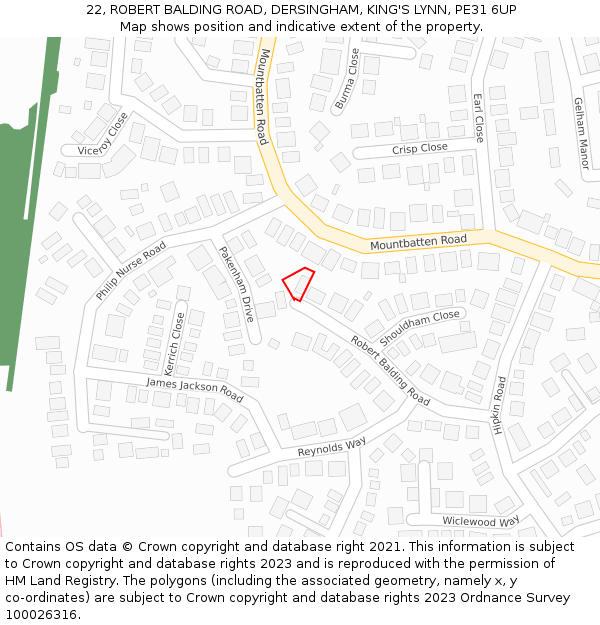 22, ROBERT BALDING ROAD, DERSINGHAM, KING'S LYNN, PE31 6UP: Location map and indicative extent of plot