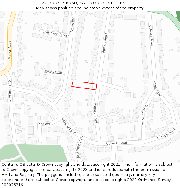 22, RODNEY ROAD, SALTFORD, BRISTOL, BS31 3HP: Location map and indicative extent of plot