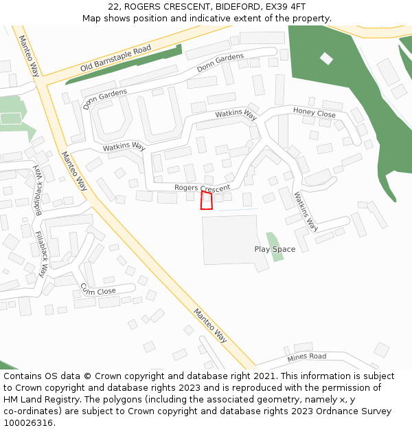22, ROGERS CRESCENT, BIDEFORD, EX39 4FT: Location map and indicative extent of plot