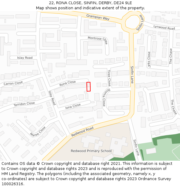 22, RONA CLOSE, SINFIN, DERBY, DE24 9LE: Location map and indicative extent of plot