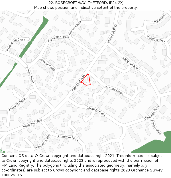 22, ROSECROFT WAY, THETFORD, IP24 2XJ: Location map and indicative extent of plot