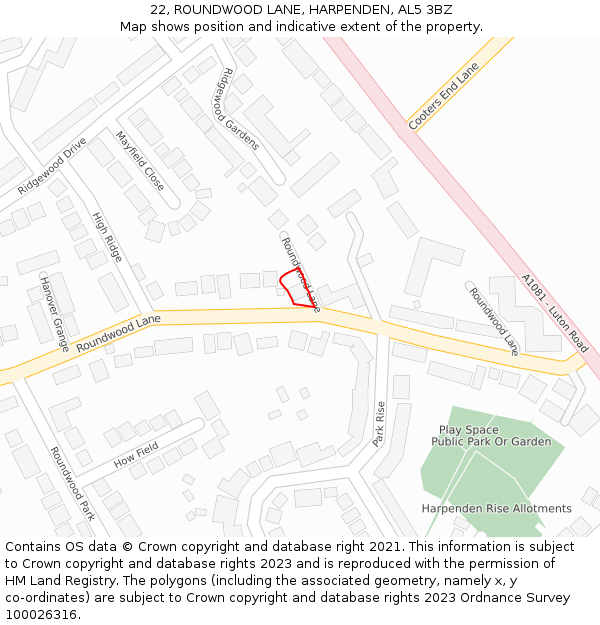 22, ROUNDWOOD LANE, HARPENDEN, AL5 3BZ: Location map and indicative extent of plot