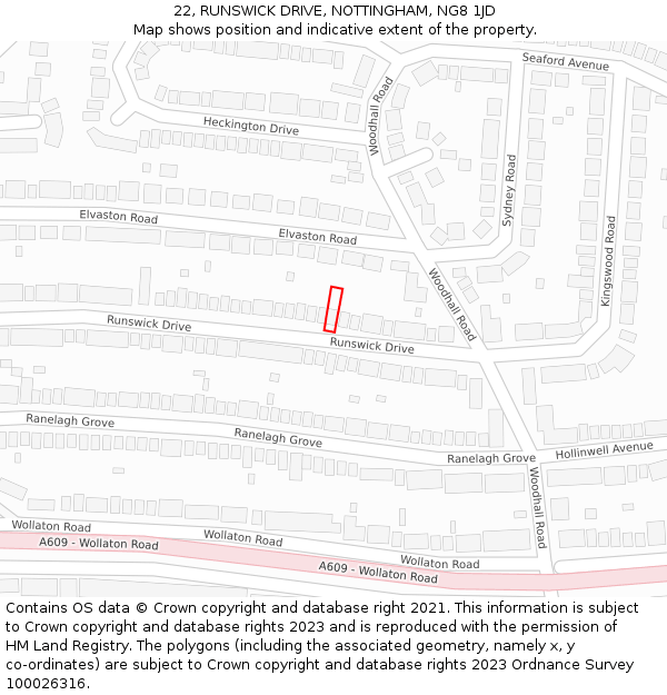 22, RUNSWICK DRIVE, NOTTINGHAM, NG8 1JD: Location map and indicative extent of plot