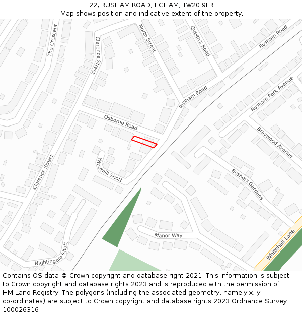 22, RUSHAM ROAD, EGHAM, TW20 9LR: Location map and indicative extent of plot