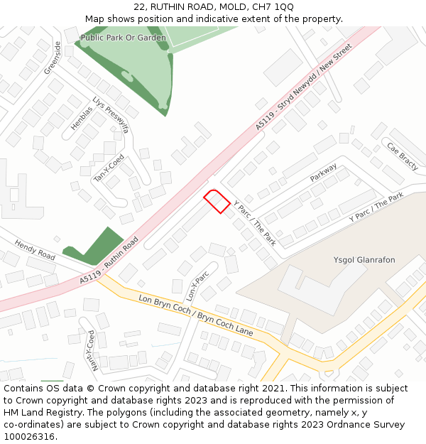 22, RUTHIN ROAD, MOLD, CH7 1QQ: Location map and indicative extent of plot