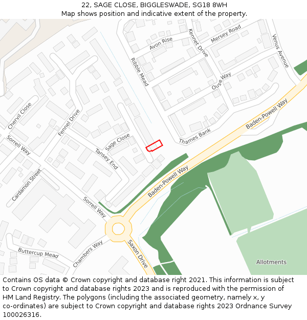 22, SAGE CLOSE, BIGGLESWADE, SG18 8WH: Location map and indicative extent of plot