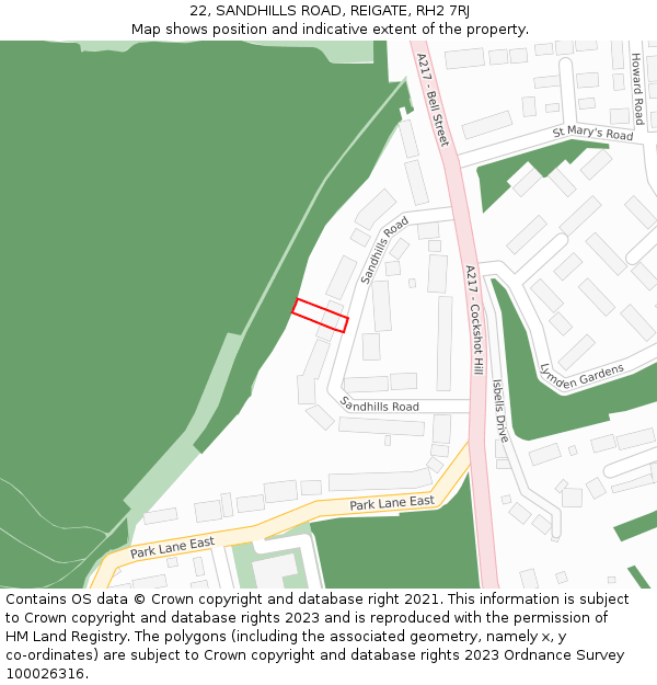 22, SANDHILLS ROAD, REIGATE, RH2 7RJ: Location map and indicative extent of plot