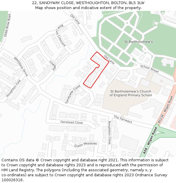 22, SANDYWAY CLOSE, WESTHOUGHTON, BOLTON, BL5 3LW: Location map and indicative extent of plot