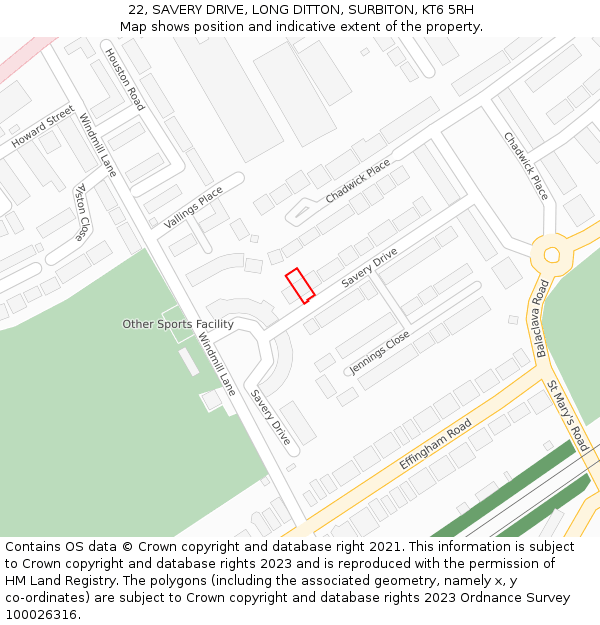 22, SAVERY DRIVE, LONG DITTON, SURBITON, KT6 5RH: Location map and indicative extent of plot