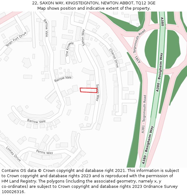 22, SAXON WAY, KINGSTEIGNTON, NEWTON ABBOT, TQ12 3GE: Location map and indicative extent of plot