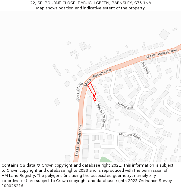 22, SELBOURNE CLOSE, BARUGH GREEN, BARNSLEY, S75 1NA: Location map and indicative extent of plot