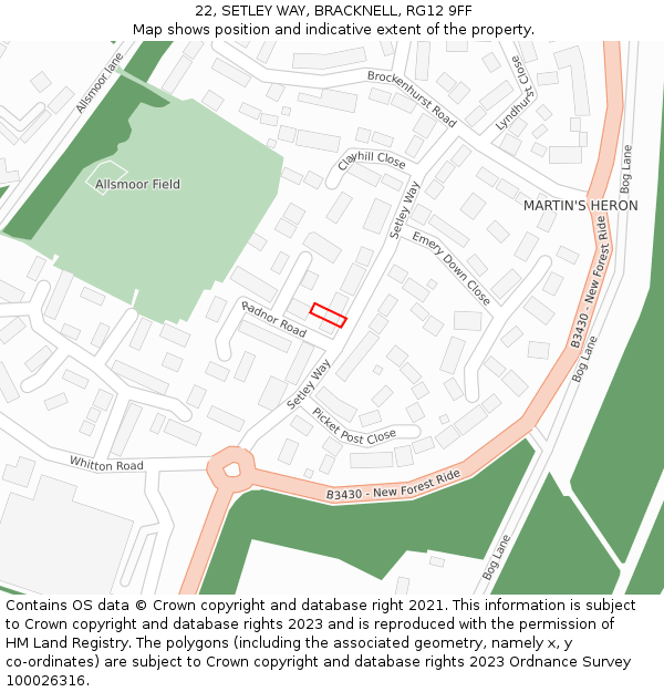22, SETLEY WAY, BRACKNELL, RG12 9FF: Location map and indicative extent of plot