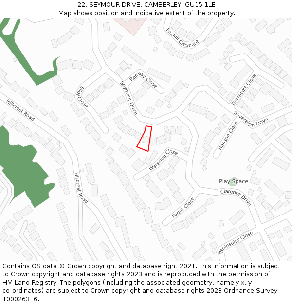 22, SEYMOUR DRIVE, CAMBERLEY, GU15 1LE: Location map and indicative extent of plot