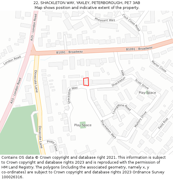 22, SHACKLETON WAY, YAXLEY, PETERBOROUGH, PE7 3AB: Location map and indicative extent of plot