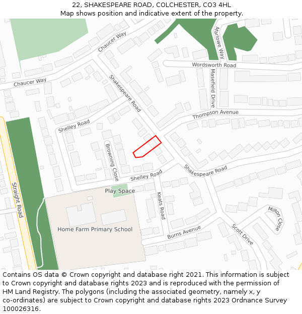 22, SHAKESPEARE ROAD, COLCHESTER, CO3 4HL: Location map and indicative extent of plot