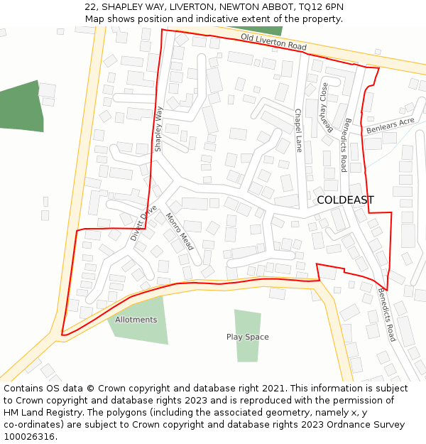 22, SHAPLEY WAY, LIVERTON, NEWTON ABBOT, TQ12 6PN: Location map and indicative extent of plot