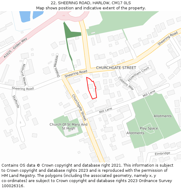 22, SHEERING ROAD, HARLOW, CM17 0LS: Location map and indicative extent of plot