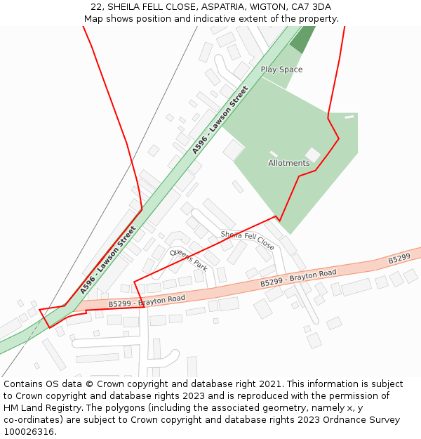 22, SHEILA FELL CLOSE, ASPATRIA, WIGTON, CA7 3DA: Location map and indicative extent of plot