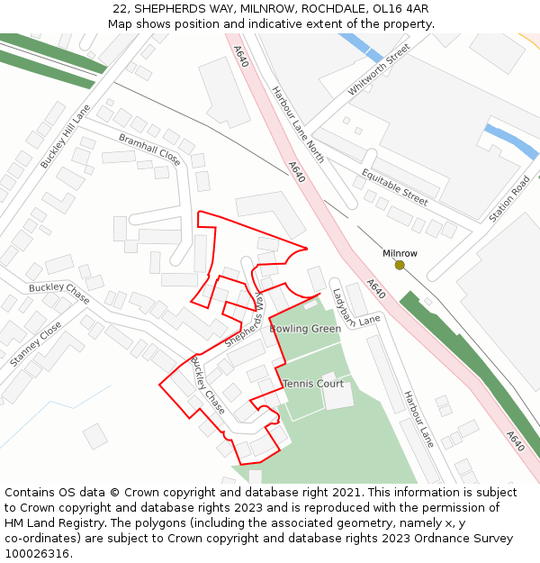 22, SHEPHERDS WAY, MILNROW, ROCHDALE, OL16 4AR: Location map and indicative extent of plot