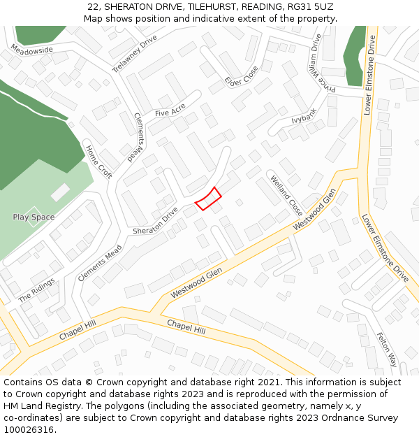 22, SHERATON DRIVE, TILEHURST, READING, RG31 5UZ: Location map and indicative extent of plot