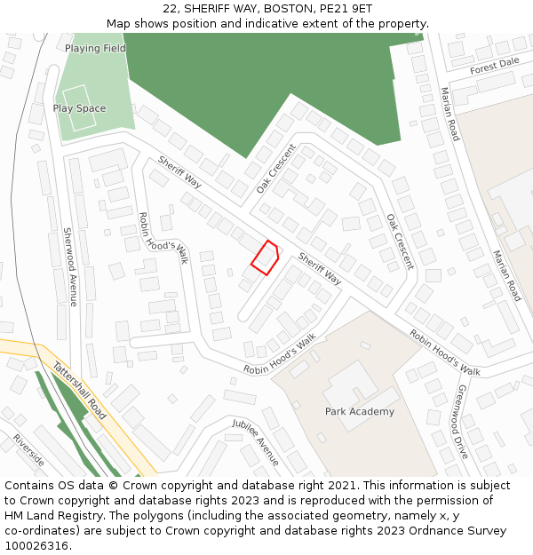 22, SHERIFF WAY, BOSTON, PE21 9ET: Location map and indicative extent of plot