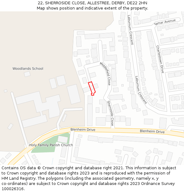 22, SHERROSIDE CLOSE, ALLESTREE, DERBY, DE22 2HN: Location map and indicative extent of plot