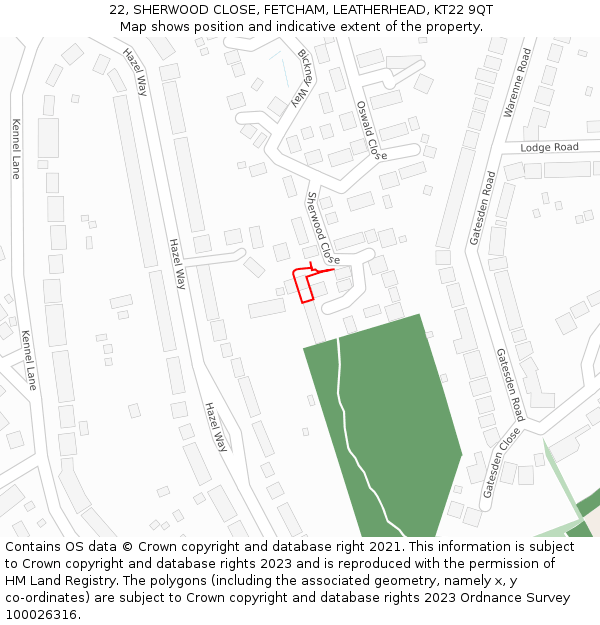 22, SHERWOOD CLOSE, FETCHAM, LEATHERHEAD, KT22 9QT: Location map and indicative extent of plot