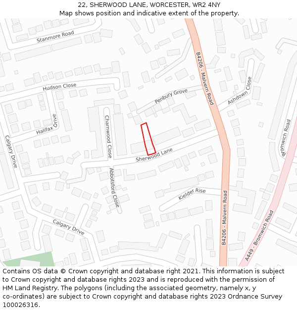 22, SHERWOOD LANE, WORCESTER, WR2 4NY: Location map and indicative extent of plot