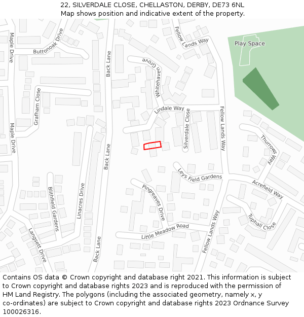 22, SILVERDALE CLOSE, CHELLASTON, DERBY, DE73 6NL: Location map and indicative extent of plot