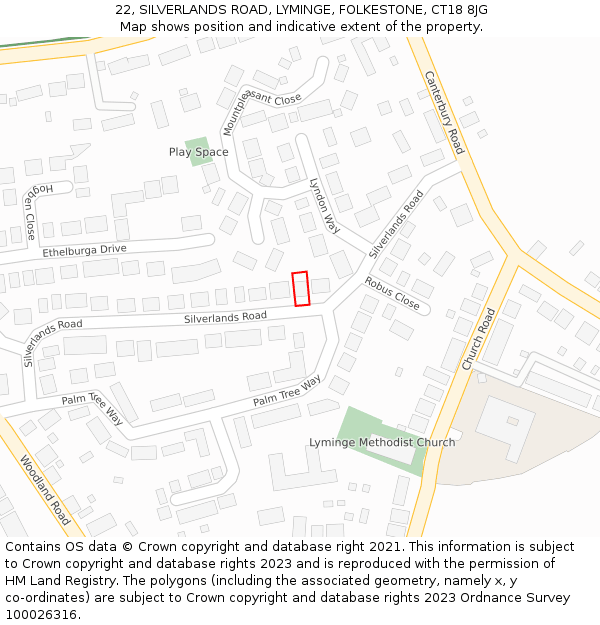 22, SILVERLANDS ROAD, LYMINGE, FOLKESTONE, CT18 8JG: Location map and indicative extent of plot