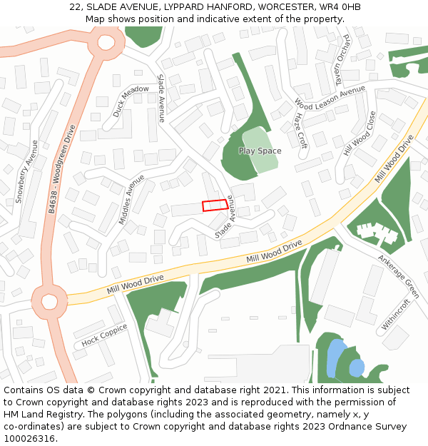 22, SLADE AVENUE, LYPPARD HANFORD, WORCESTER, WR4 0HB: Location map and indicative extent of plot