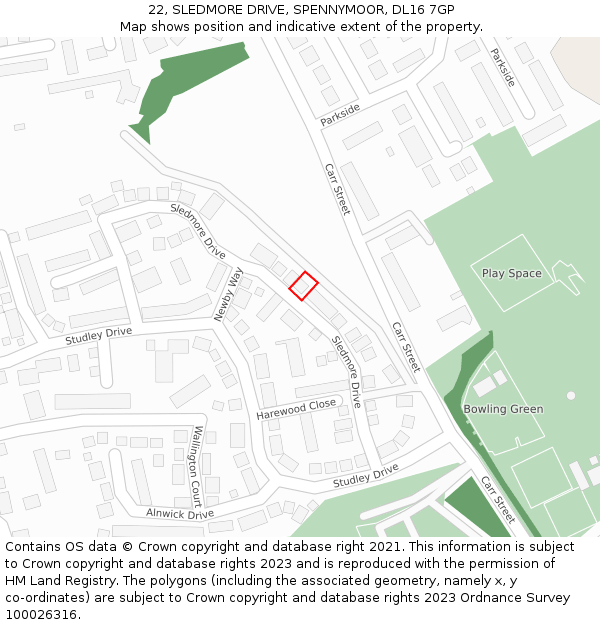 22, SLEDMORE DRIVE, SPENNYMOOR, DL16 7GP: Location map and indicative extent of plot