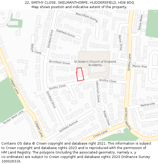 22, SMITHY CLOSE, SKELMANTHORPE, HUDDERSFIELD, HD8 9DQ: Location map and indicative extent of plot
