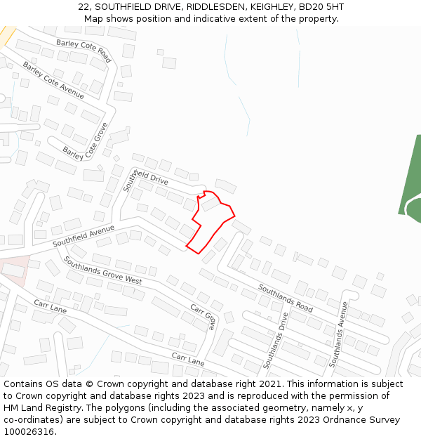 22, SOUTHFIELD DRIVE, RIDDLESDEN, KEIGHLEY, BD20 5HT: Location map and indicative extent of plot