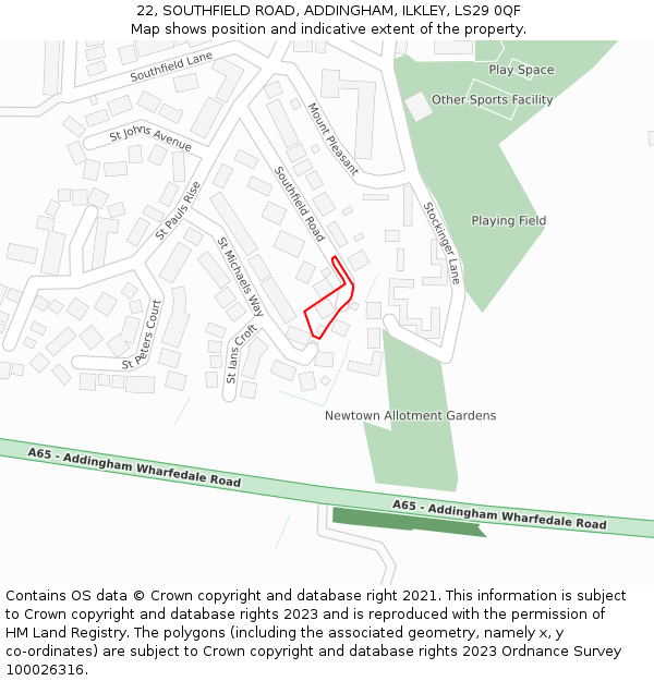 22, SOUTHFIELD ROAD, ADDINGHAM, ILKLEY, LS29 0QF: Location map and indicative extent of plot