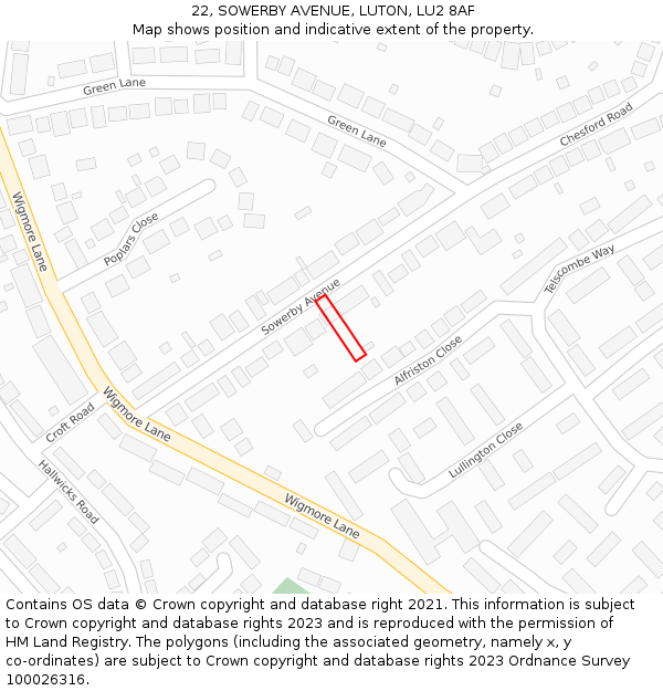 22, SOWERBY AVENUE, LUTON, LU2 8AF: Location map and indicative extent of plot