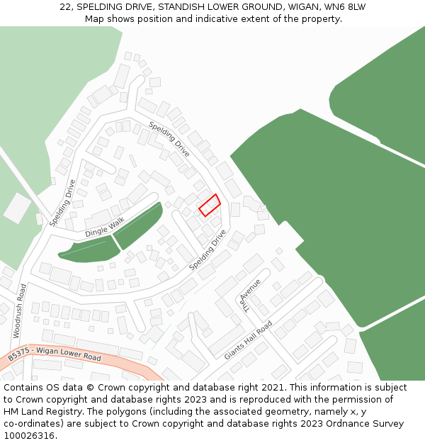 22, SPELDING DRIVE, STANDISH LOWER GROUND, WIGAN, WN6 8LW: Location map and indicative extent of plot