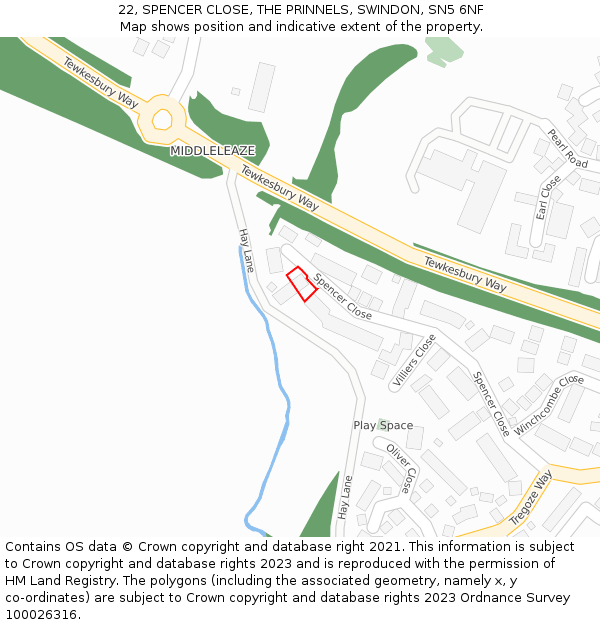 22, SPENCER CLOSE, THE PRINNELS, SWINDON, SN5 6NF: Location map and indicative extent of plot